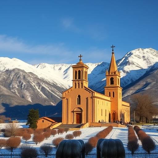 Exterior del Monasterio de San Juan de la Pe&ntilde;a, Huesca, rodeado de monta&ntilde;as nevadas