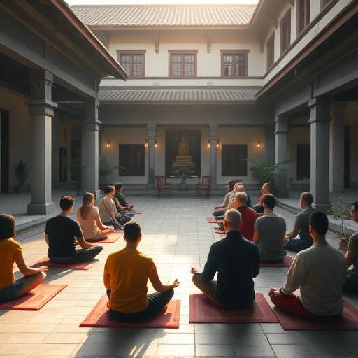 Participantes meditando en un tranquilo patio de monasterio