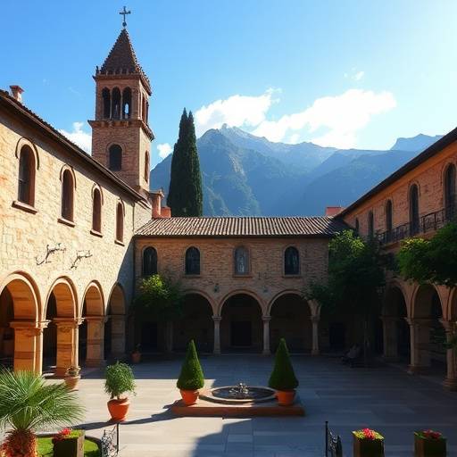 Patio interior del Monasterio de Montserrat, con vistas a las monta&ntilde;as
