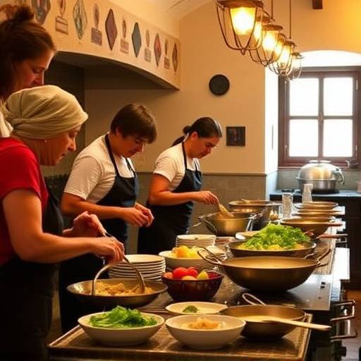 Personas aprendiendo a cocinar platos tradicionales espa&ntilde;oles en la cocina de un monasterio