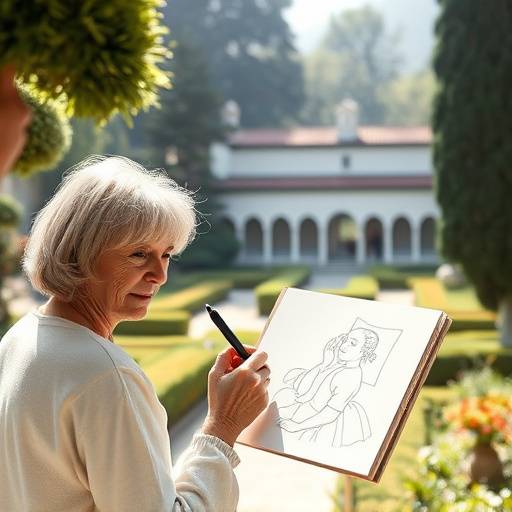 Una persona dibujando en un cuaderno de bocetos en los jardines de un monasterio